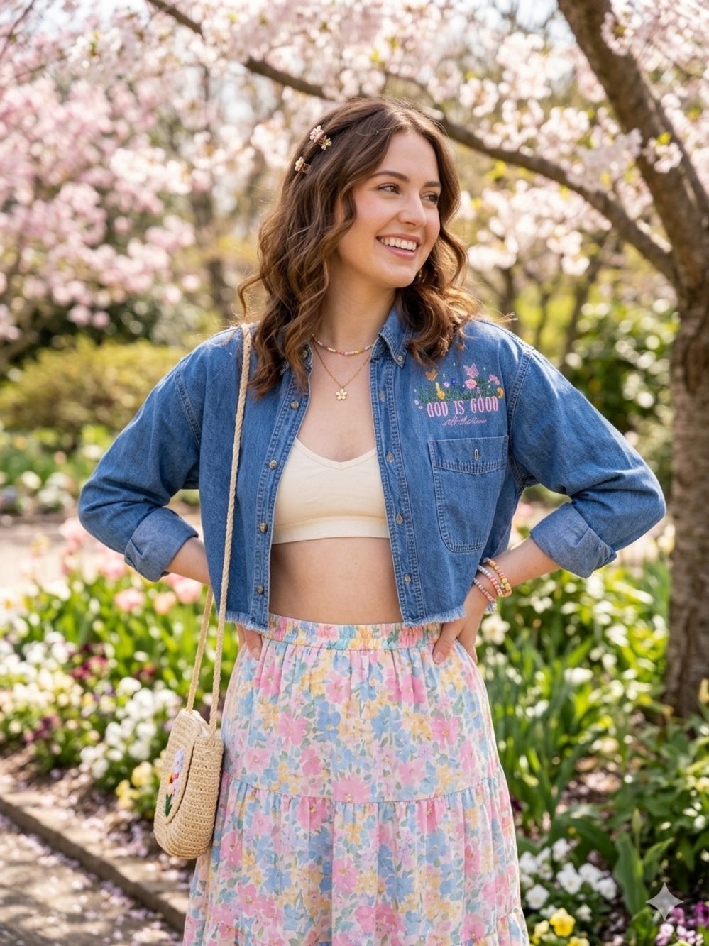 Simply Stitched Denim Shirt- God is So Good with Floral Embroidery